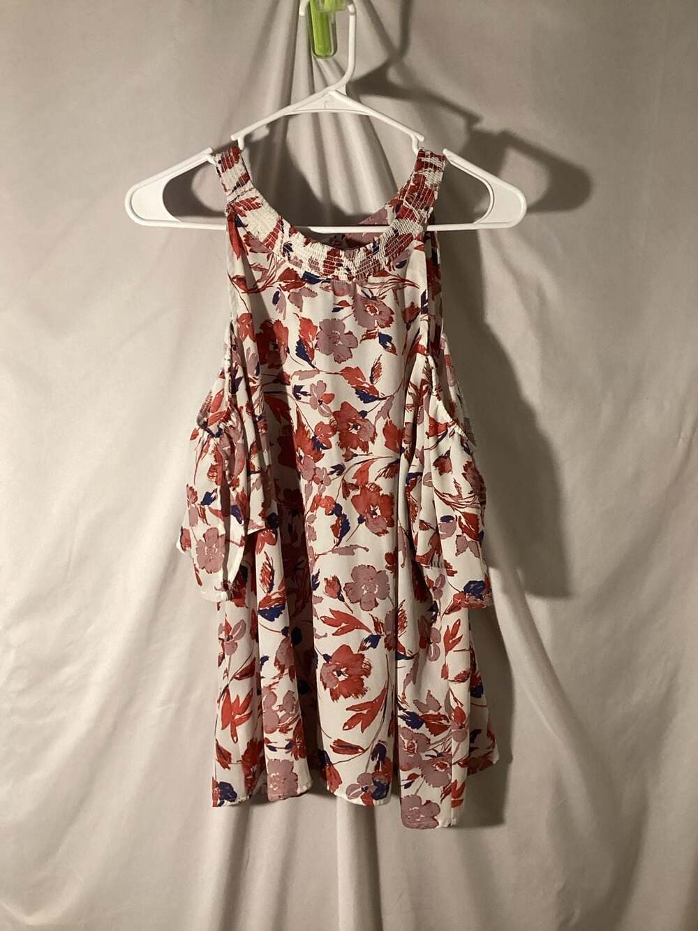 Lily White Floral Cold-Shoulder Blouse with Smocked Neckline